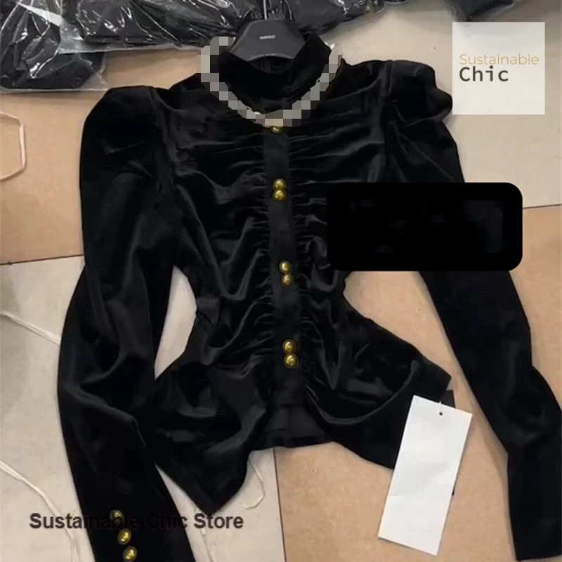 

French small fragrance button waist design gold velvet shirt women's autumn and winter new fashion Joker slim casual top.