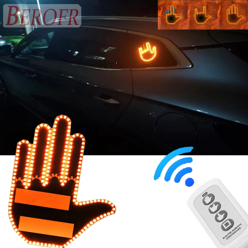 New Fun Universal Car LED Finger Light with Remote Car Rear Window Sign Amber Middle Finger Warning Brake Light Road Rage Sign