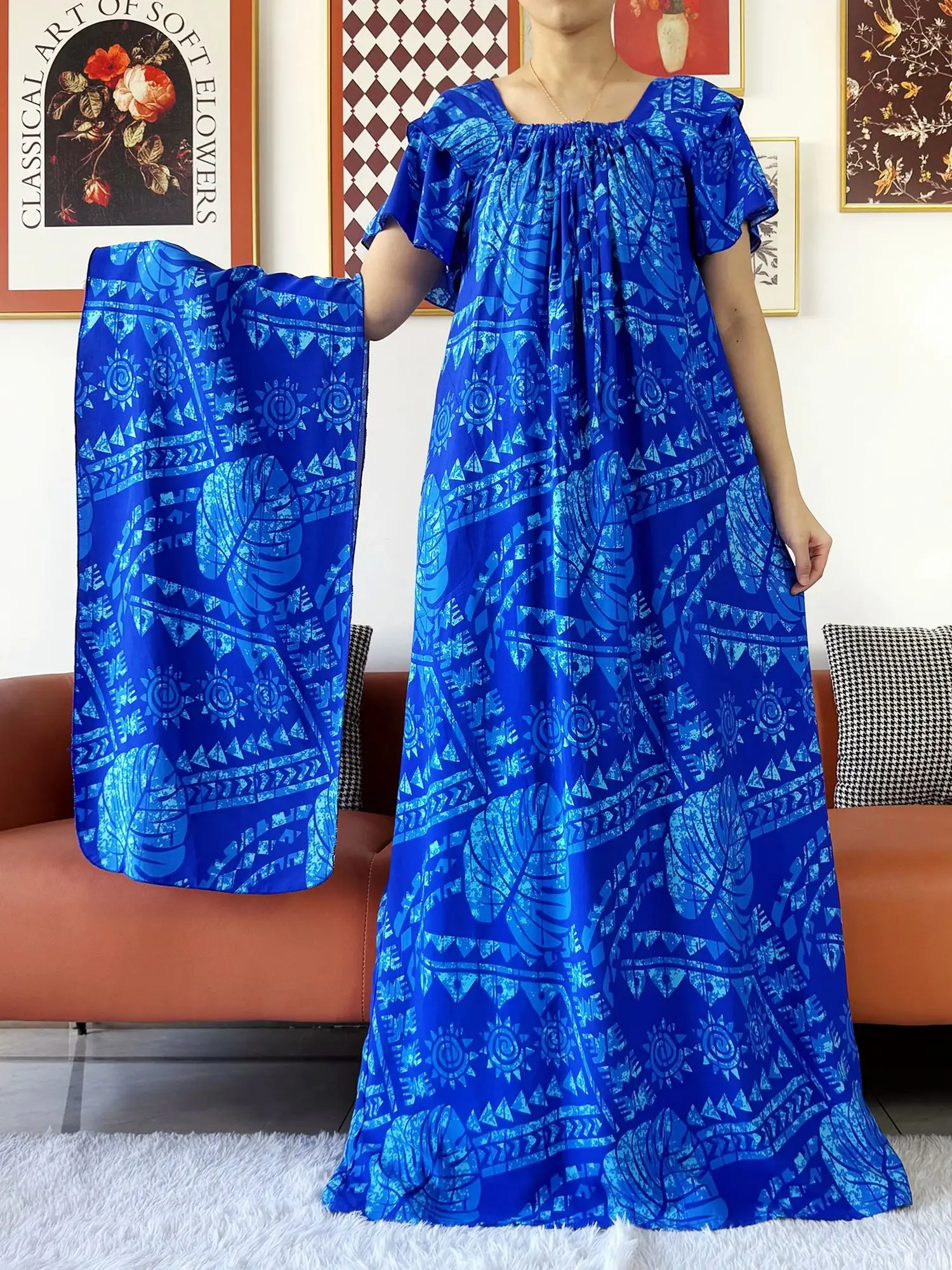 Newest African Lady Summer Short Sleeve Dress Boat-Neck Loose Floral Maxi Boubou Maxi Islam Women Dress African Abaya Clothes