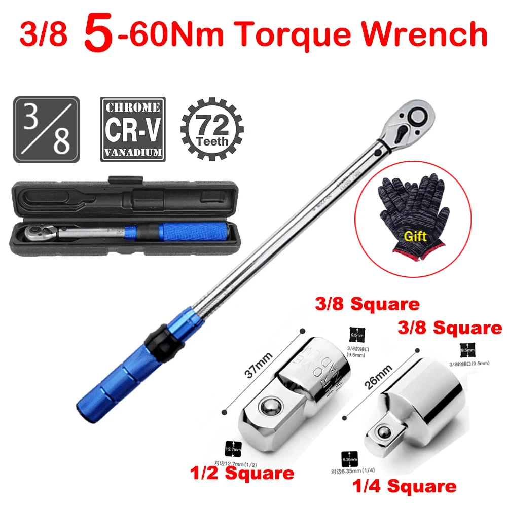 

3/8 Torque Wrench 5-60Nm Bike Professional Torque Spanner Automotive Key Mechanical Workshop Tools Square Adapter Drive Key Set