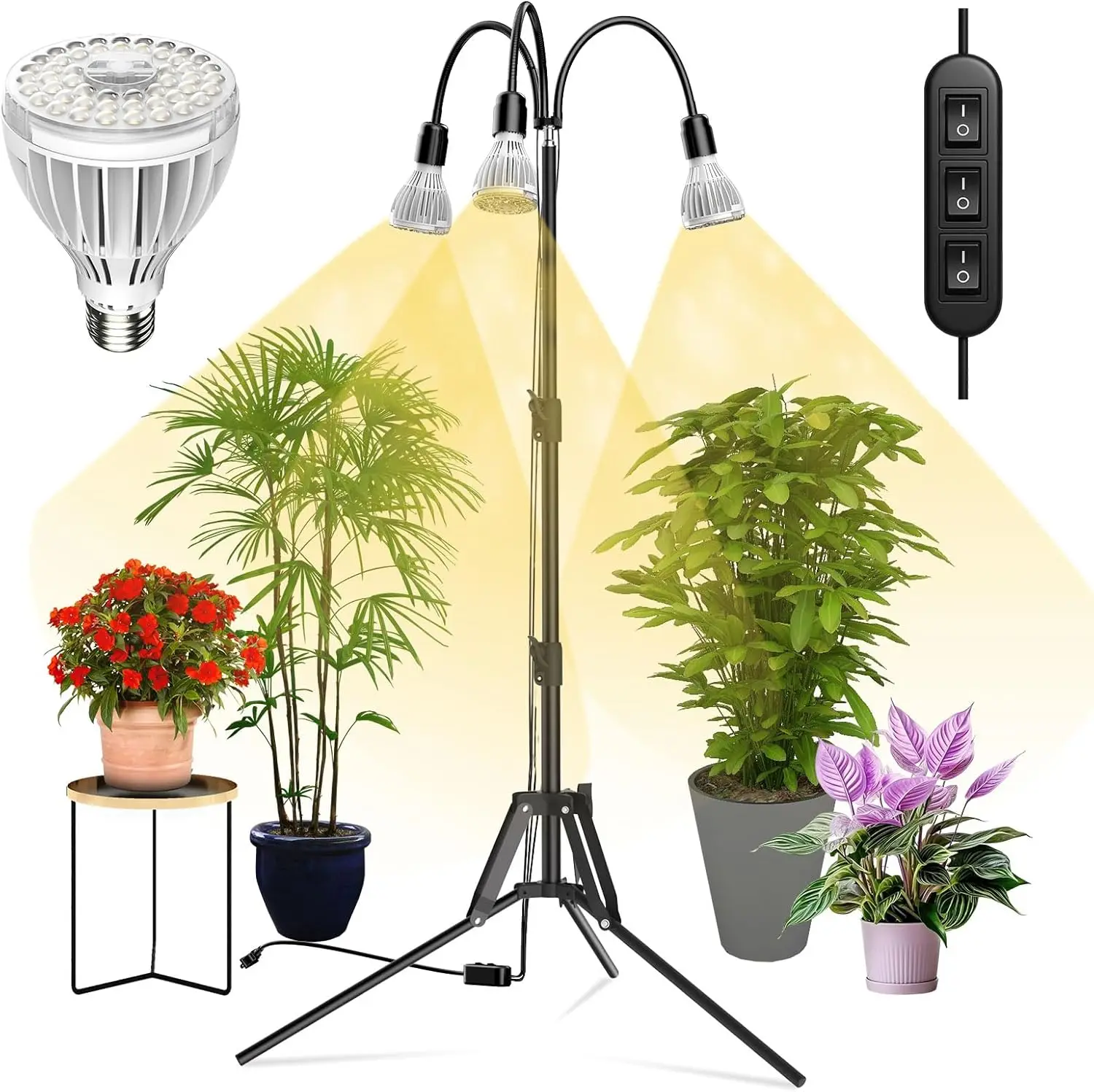 

Светодиодная лампа для растений 96W Full Spectrum, регулируемая на треноге, с 3 лампочками для здорового роста