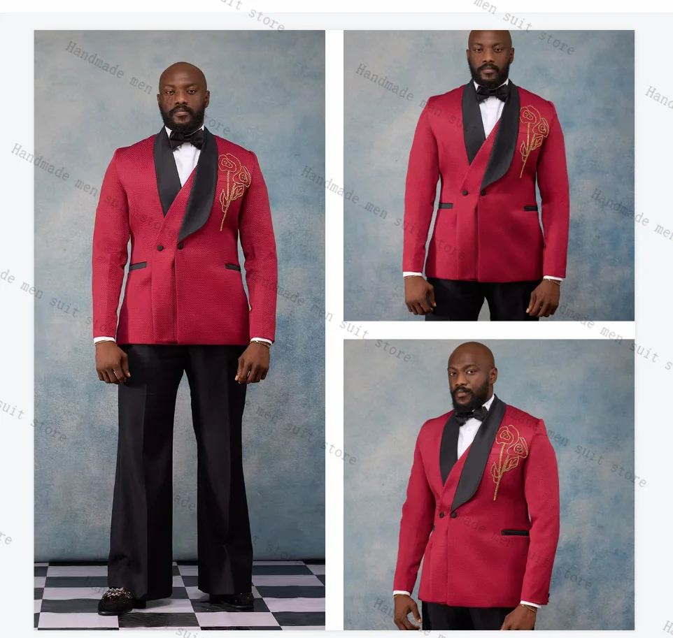 

Red Men Suit Set 2 Piece Blazer+Black Pants Prom Wedding Tuxedos Coat Cotton Customized Formal Office Business Jacket