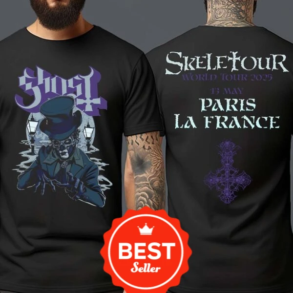 Camiseta exclusiva Ghost Paris Pop-Up Store para París Francia en Accor Arena en mayo de 13 Skeletour World Tour Camiseta unisex con estampado lateral