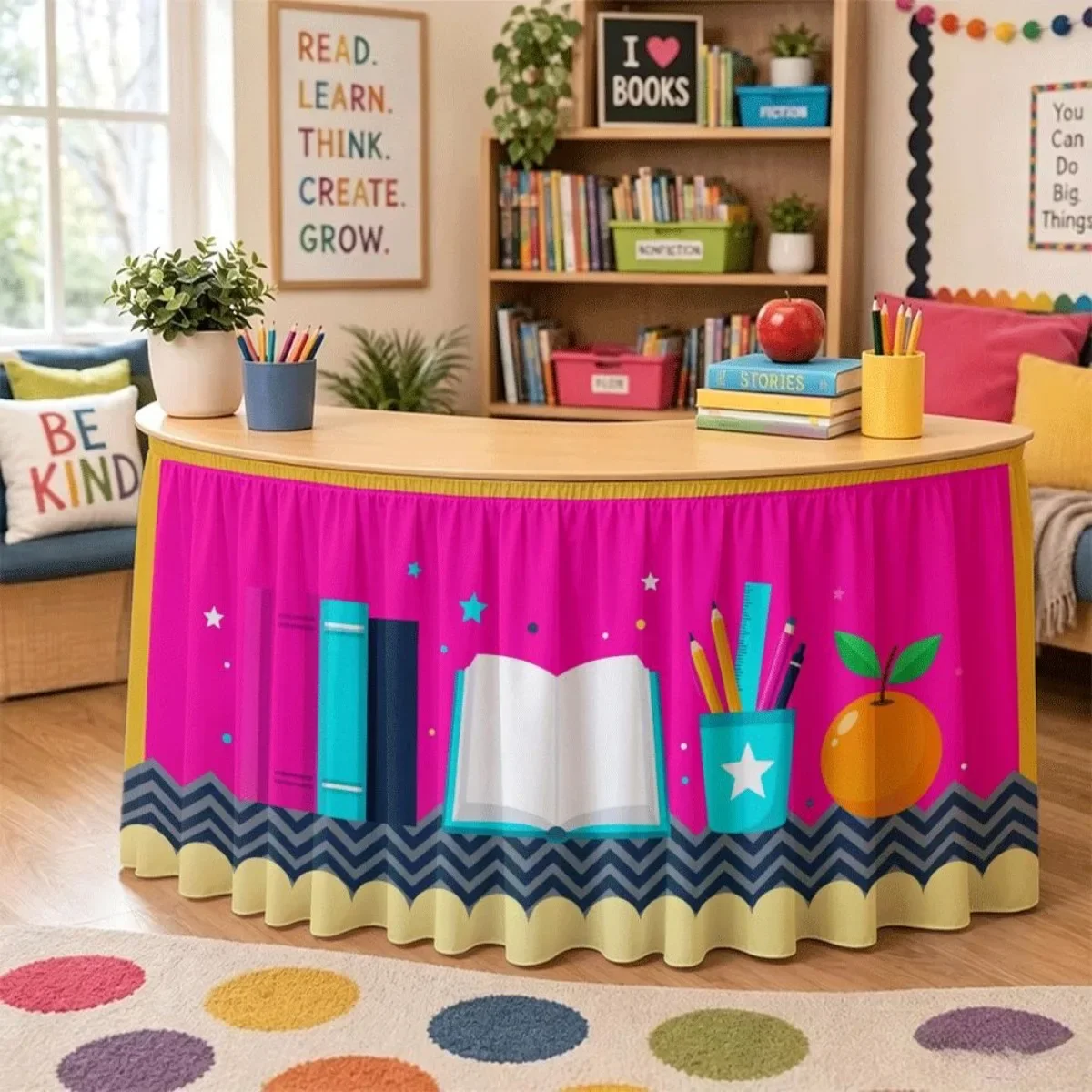 1. PC party table skirt, desk skirt with book and stationery theme, elegant and fresh style desk skirt