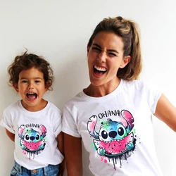 Family Look Disney Stitch T Shirt Mother and Kids Matching Outfits Fashion Streetwear Mom and Daughter Son Family Clothes Tops