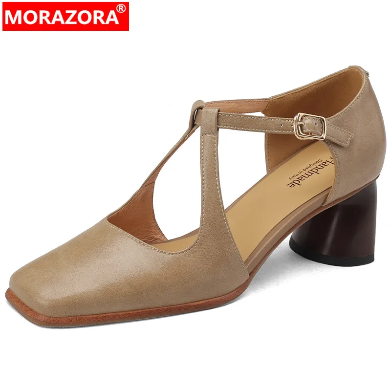 

MORAZORA 2024 New Size 34-42 Vintage Ladies Dress Shoes Buckle Genuine Leather Sandals Woman Square Toe Thick High Heels Sandals