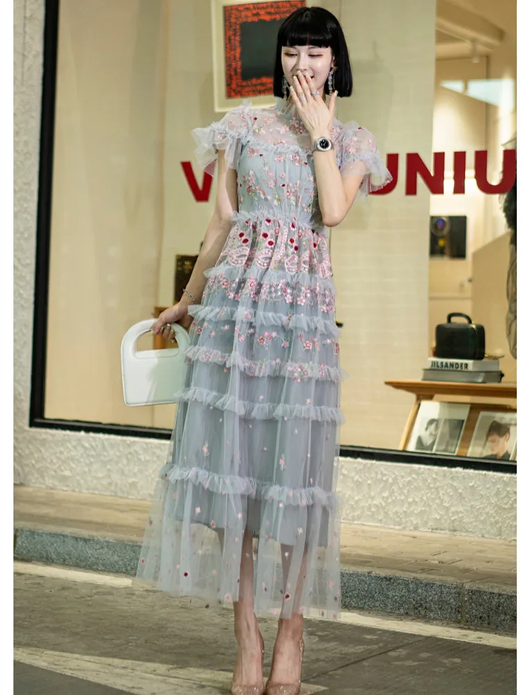 Runway Designer Luxury Summer Dress Long For Women Retro Mesh Stitching Floral Embroidery Slim Elegant Holiday Maxi Dress