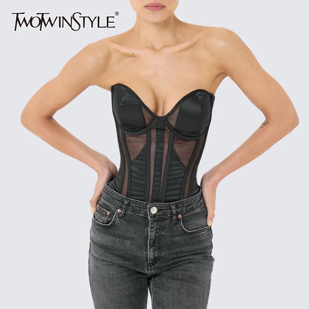 

TWOTWINSTYLE Sexy Solid Slimming Spliced Sheer Tube Top For Women Strapless Sleeveless Patchwork Bandage Temperament Vest Female