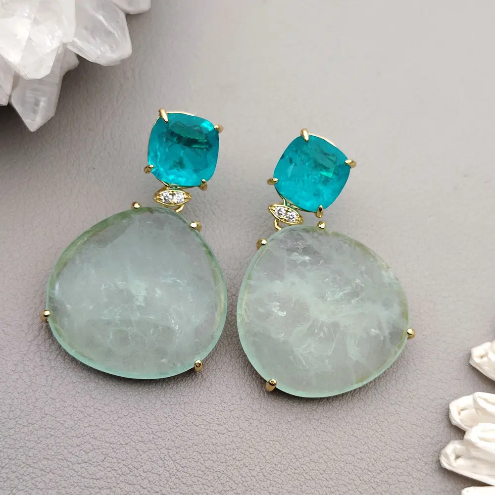 Kkgem Natural 25mm Green Fluorite Green Crystal Charm Dangle Earrings