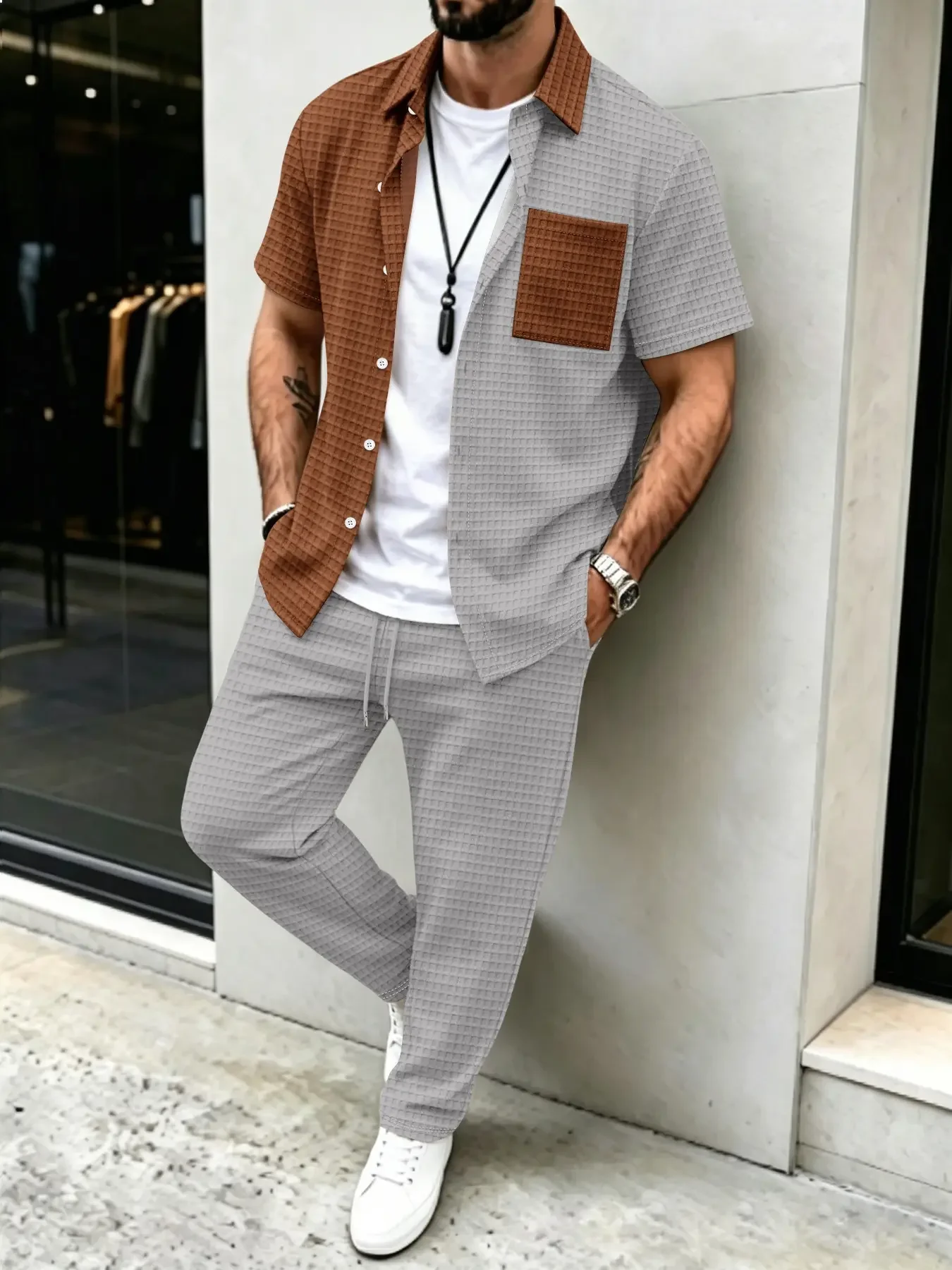 Conjunto de Camisa y Pantalones Largos para Hombre, Diseño Casual con Patrón Waffle y Bloques de Color, Atuendo Versátil para Uso Diario
