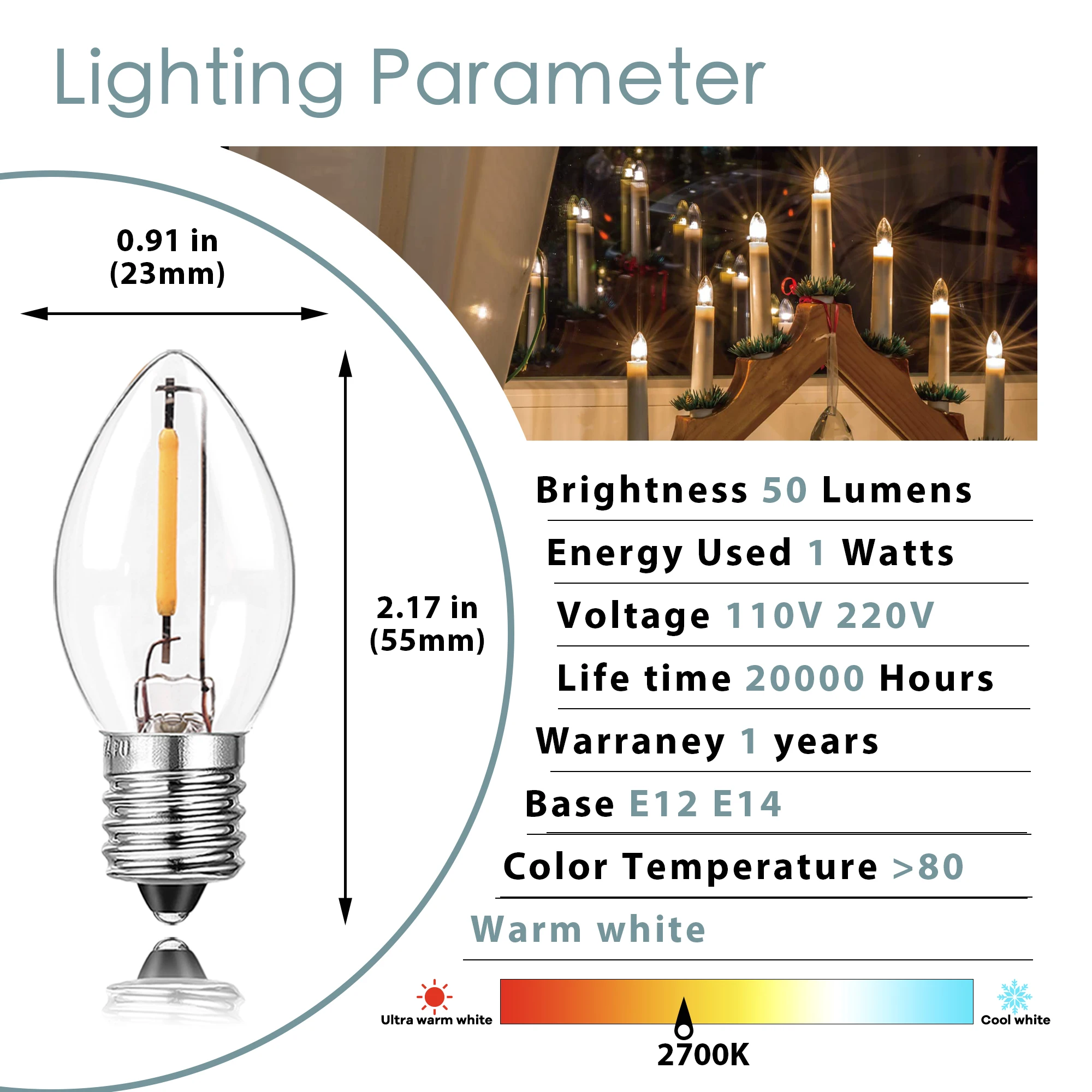 25PACK E12 E14 Base LED Night Light Bulbs Dimmable C7 0.5W Warm White 2700K 7W Incandescent Equivalent Mini Candle Low Watt Bulb