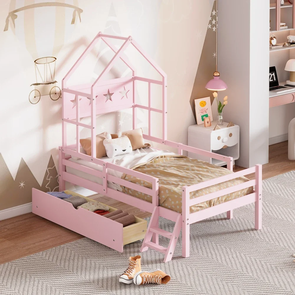 4-in-1 Wood Twin Size House Platform Bed with Guardrail and Drawer,Pink Bed for Girls From 6 To 12 Years Princesses Kids Bed US