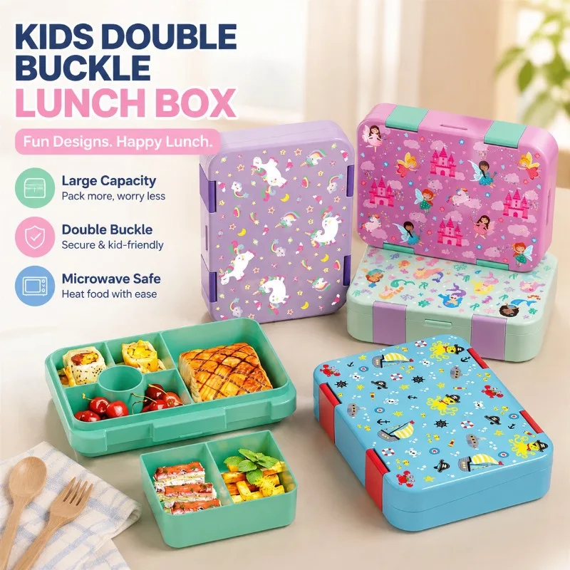 Kids Cartoon Double‑latch Lunch Box Student Portable Bento Container Microwave‑safe Large‑capacity Food‑storage Case for School