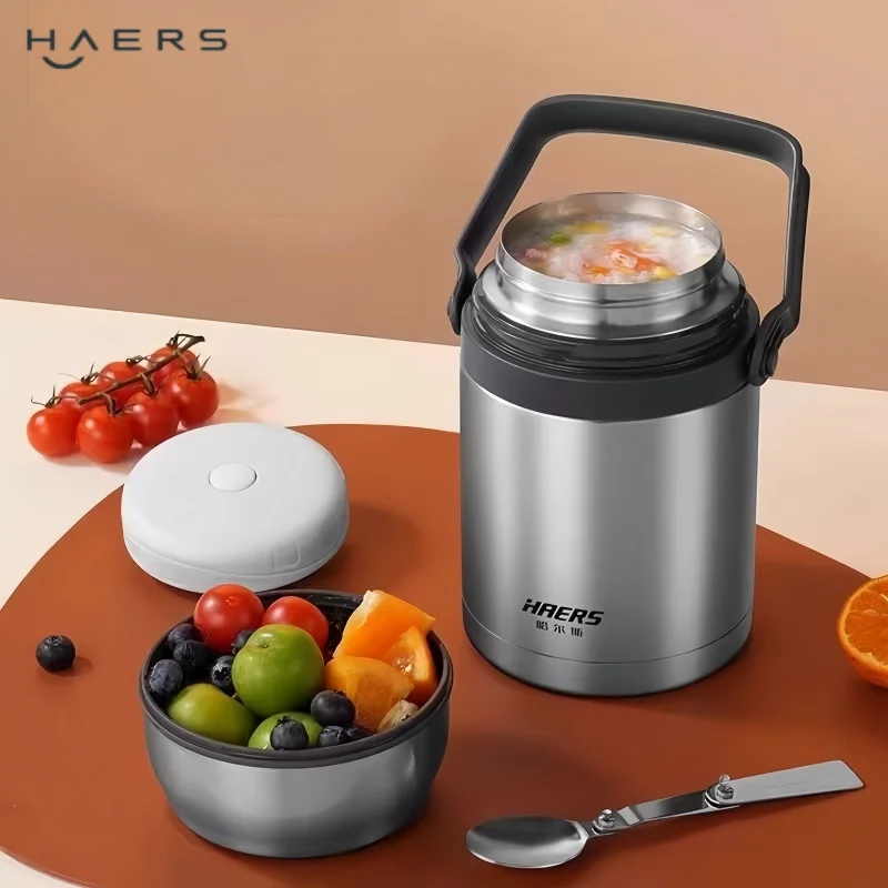HAERS 1L Insulated Food Jar 304 Stainless Steel Thermal Bottles Food Steaming Pot Leak-proof Baby Food Container with Tableware
