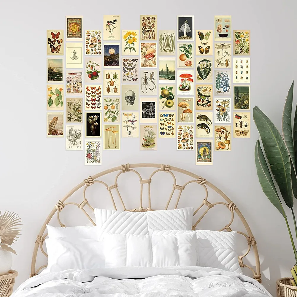 Vintage Aesthetic Wall Collage Kit - 50 Mini Botanical Cottagecore Collage Art Posters (4X6Inch) for Trendy Photo Wall