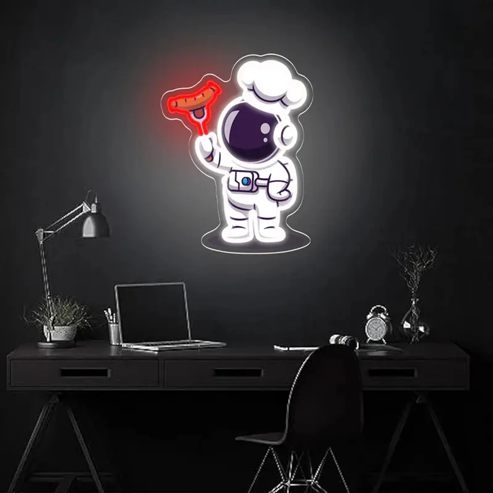 Astronaut Chef With Grill Sausage Led Neon Light Custom Food Shop Neon Sign Wall Decor Acrylic Artwork Decorative Aesthetic Lamp