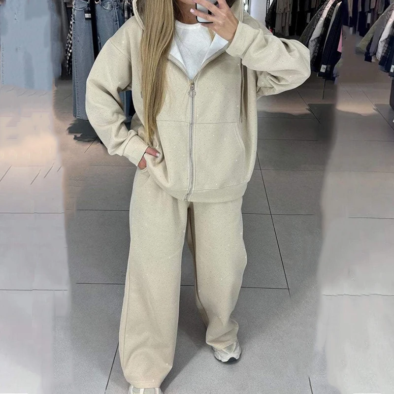 Fashion Rhinestone Sweatshirt Outfit Casual Women Zipper Coat and Long Pants Sports Suit Autumn Long Sleeved Loose Two Piece Set