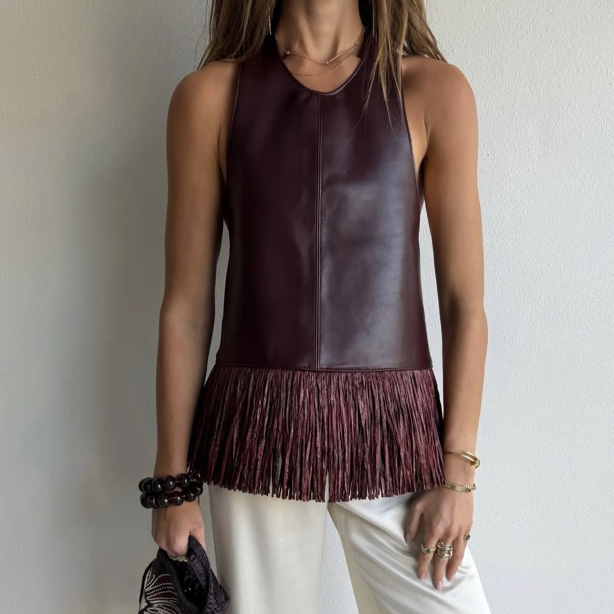 Summer Fashion Women's Halter Backless PU Leather Fringe Sleeveless Vest Slim Comfort Elegant Versatile Trendy Daily Outfit Top
