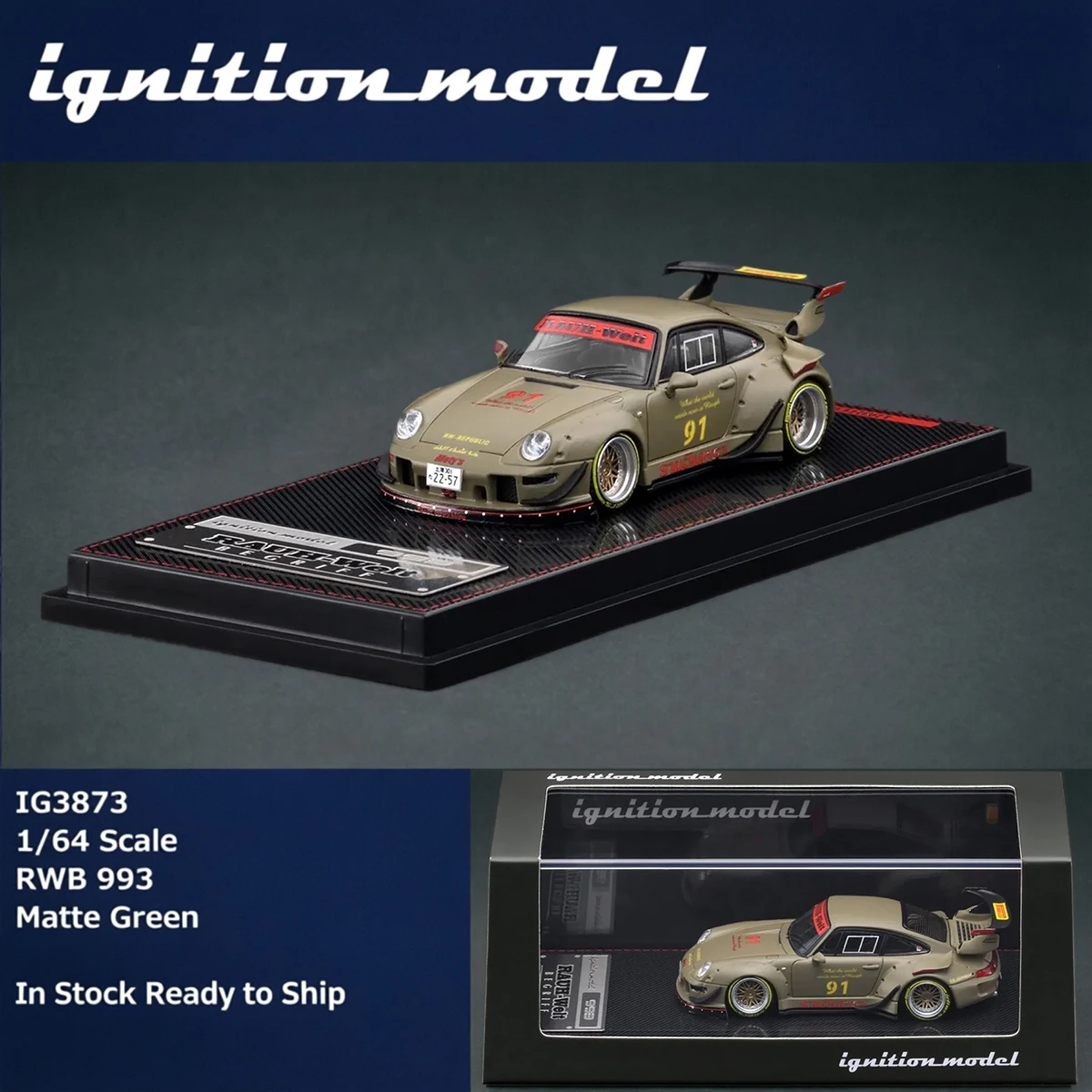 Modelo Ignition IG3873 1:64 Porsche RWB 993 Verde Mate # 91 modelos de coches de metal fundido a presión en stock, listos para enviar