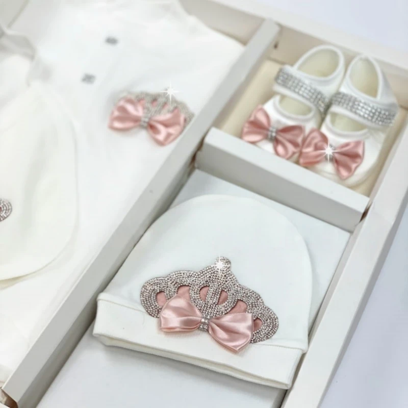 Dollbling Baptism Outfit Boy Prince Luxury Bling Christening Coming Home Romper Bonnet Set Mittens Nursery Hospital Clothing set