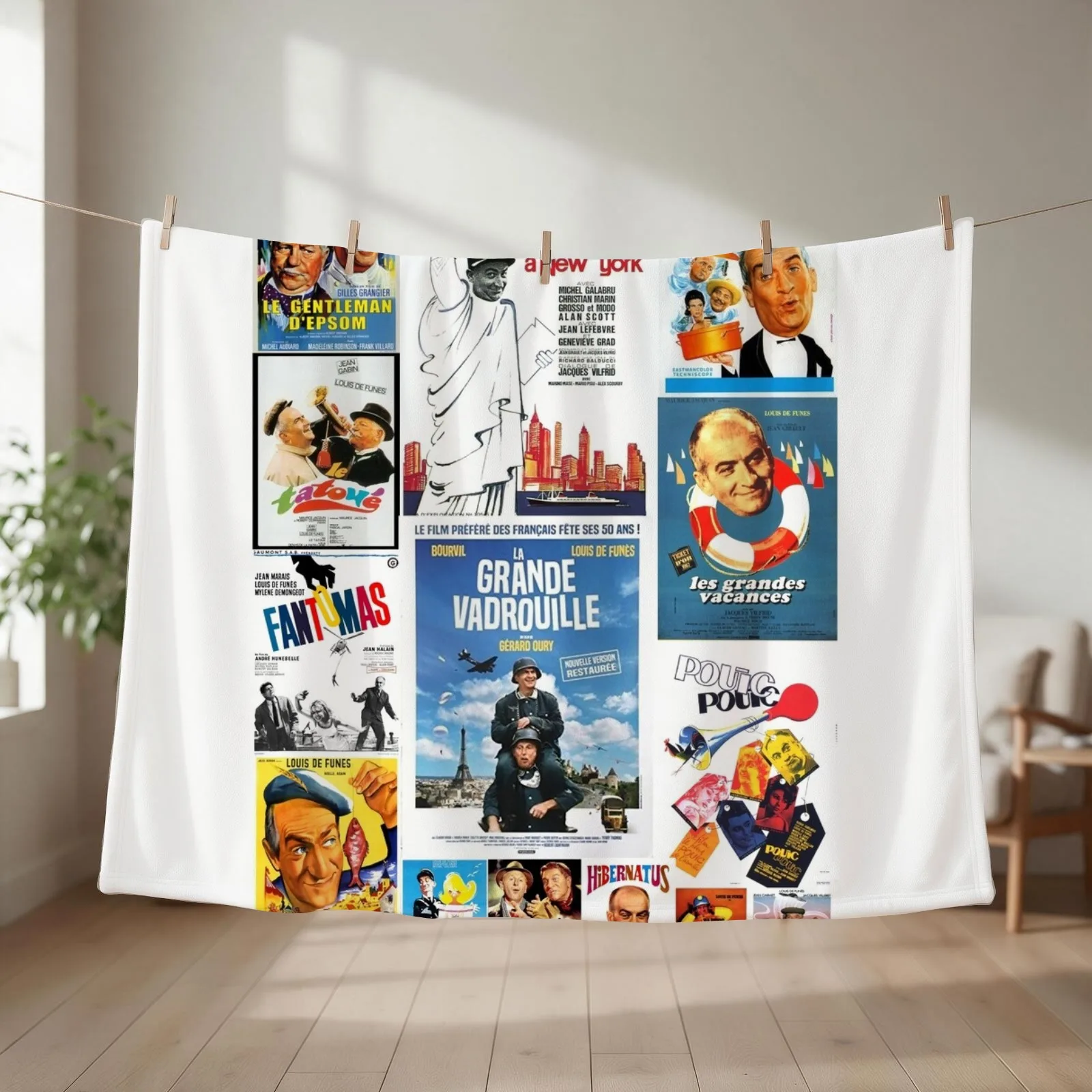 Louis de Funes movie poster compilation Throw Blanket couch cozy soft plush fuzzy picnic outdoor blanket