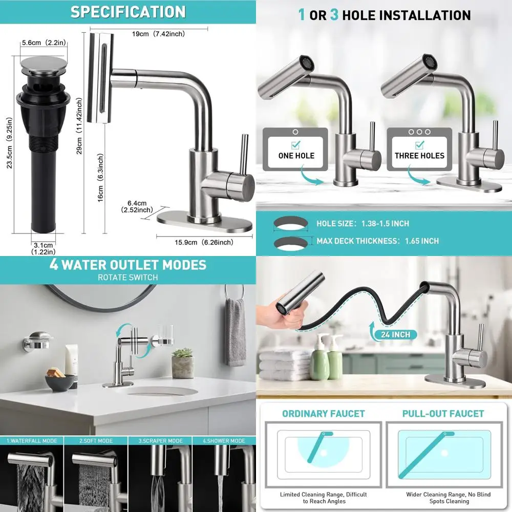 

4-Mode Pull-Down Sprayer Faucet with Pop-Up Drain for Bathroom Sink, Brushed Nickel Finish, Single Handle