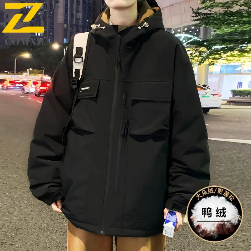 COMXZ Men Duck Down 3 in 1 Winter Jacket American Style Vintage Hooded Workwear Windproof Outdoor Sport Lightweight Coat 2025