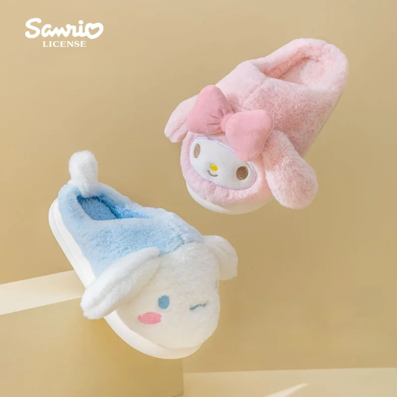 Sanrio Winter Cute Cartoon Non-slip Children\'s Plush Slippers Soft Sole Flip Flops Kids Girls Indoor Mule Warm Home Cotton Shoes