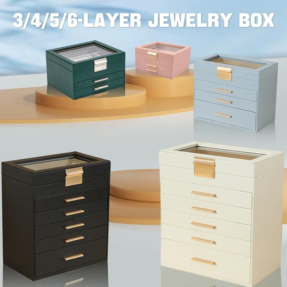 3/4/5/6-Layer Glass Jewelry Box Drawer-Type Lock Jewelry Storage Box Necklace Ring Ear With Velvet Lining Jewelry Storage Box