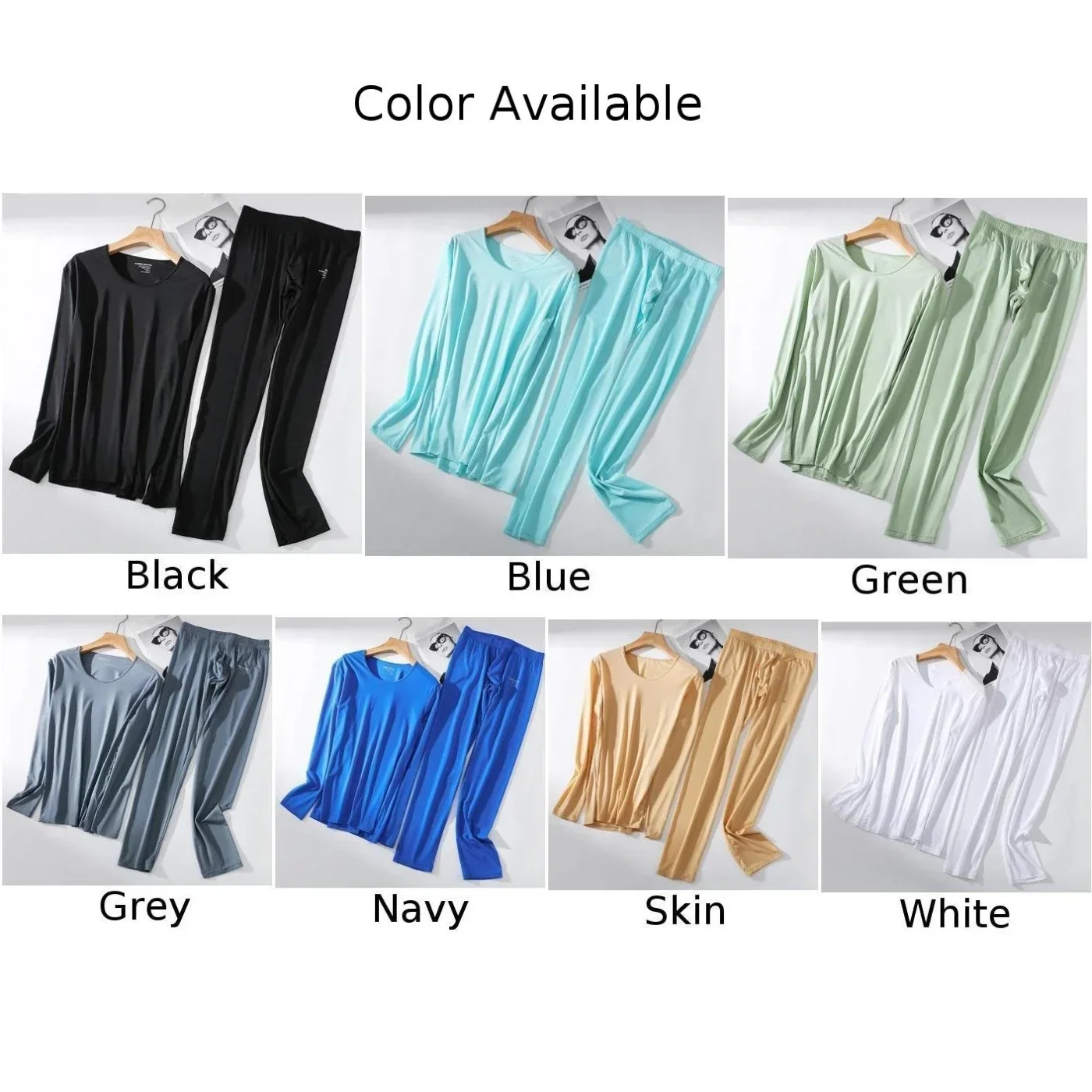 Casual 2pc Thin Thermal Long Johns Set For Men Solid Color Ice Silk Long Sleeve Top Bottom Sleepwear Underwear Male Clothing