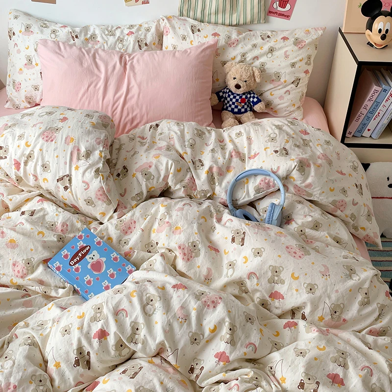 Koala Duvet Cover Set Washed Cotton Cartoon Rainbow Print Bedding Cute Kawaii Animal Comforter Covers for Kids Girls Boys Woman