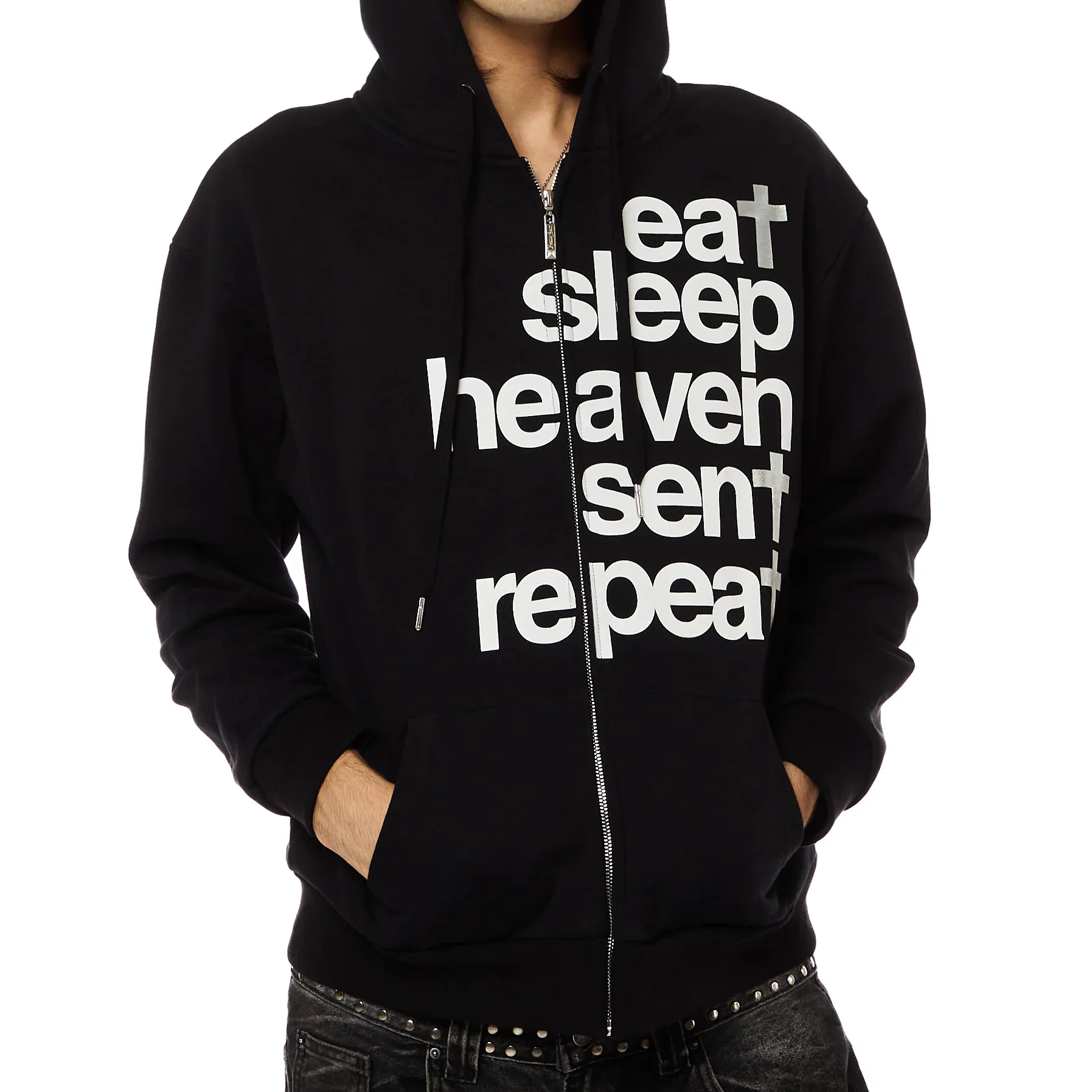 

European and American men's and women's winter new fashion street trend printed pocket long sleeved hooded cardigan sweatshirt