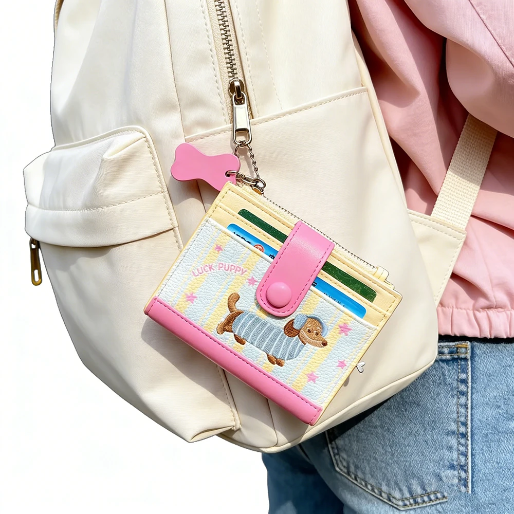 Cute Puppy Coin Purse Embroidery Rose-Pink Pu Leather Card Holder Purse Versatile Cartoon Coin Pouch Daily Use Gifts Woman