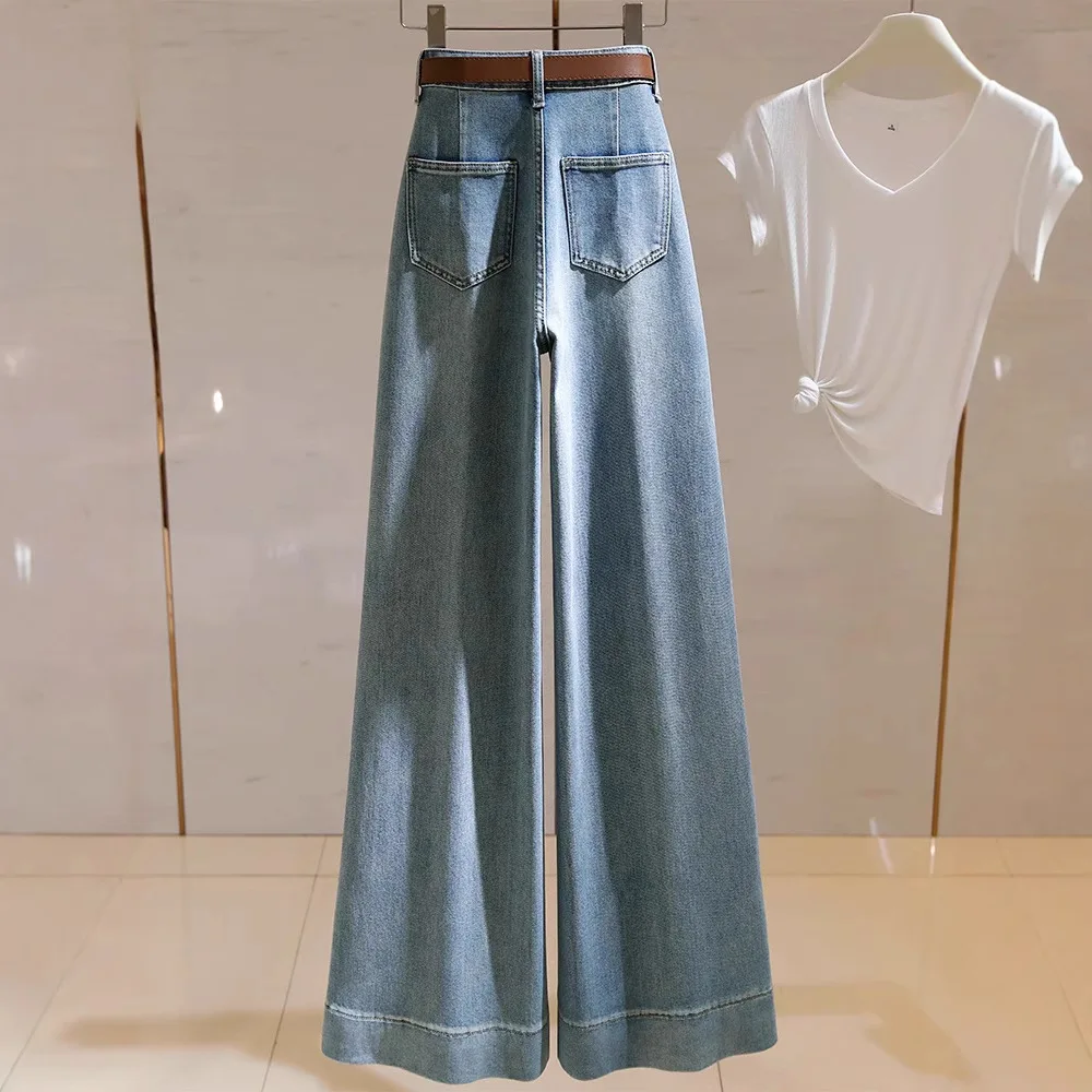 Vrouwen Effen Jeans Vloerlengte Denim Broek Casual Gesplitste Gewassen Broek Hoge Taille Bootcut Broek Zakken Losse Herfst 2026