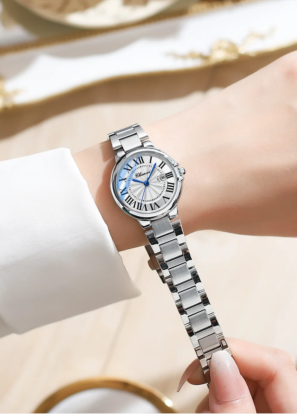 CHENXI 039 Reloj de cuarzo para parejas, relojes de pulsera de acero inoxidable plateados simples a la moda de lujo para mujeres y hombres