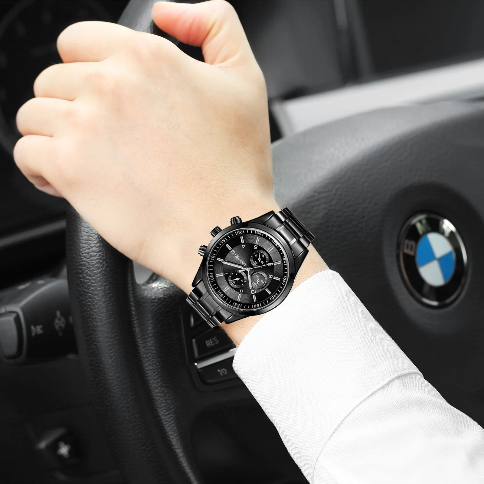 Ultra บางนาฬิกาผู้ชายธุรกิจแถบเหล็กสีดํากีฬากันน้ําสามตาเลียนแบบหกพินเกาหลีรุ่นนักเรียนชายนาฬิกา