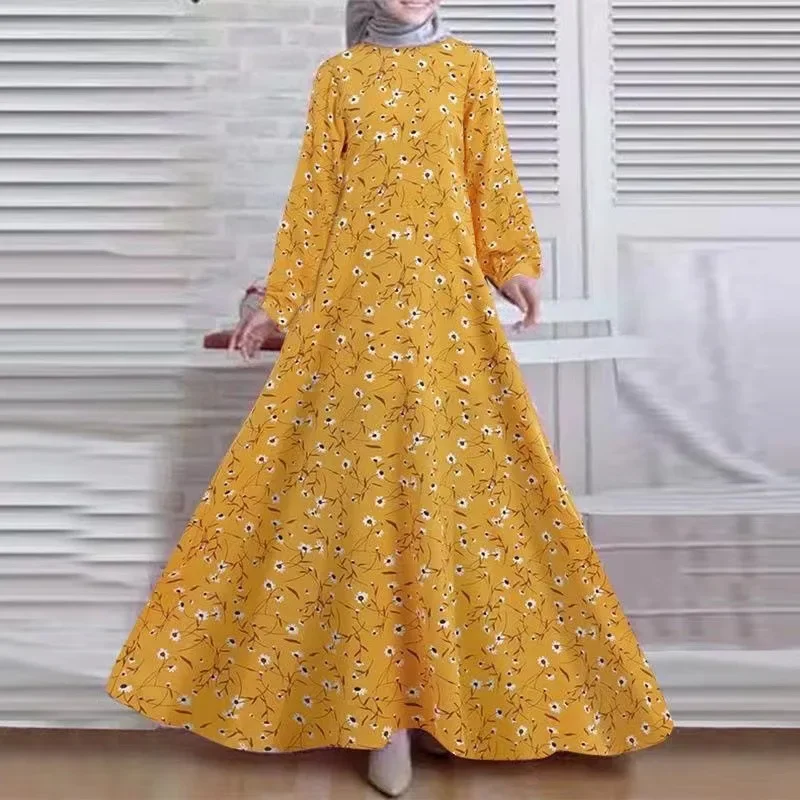Abito musulmano da donna Turchia Manica lunga Abaya floreale di grandi dimensioni per donna O-Collo Maxi abito Abiti vintage da festa di moda primaverile