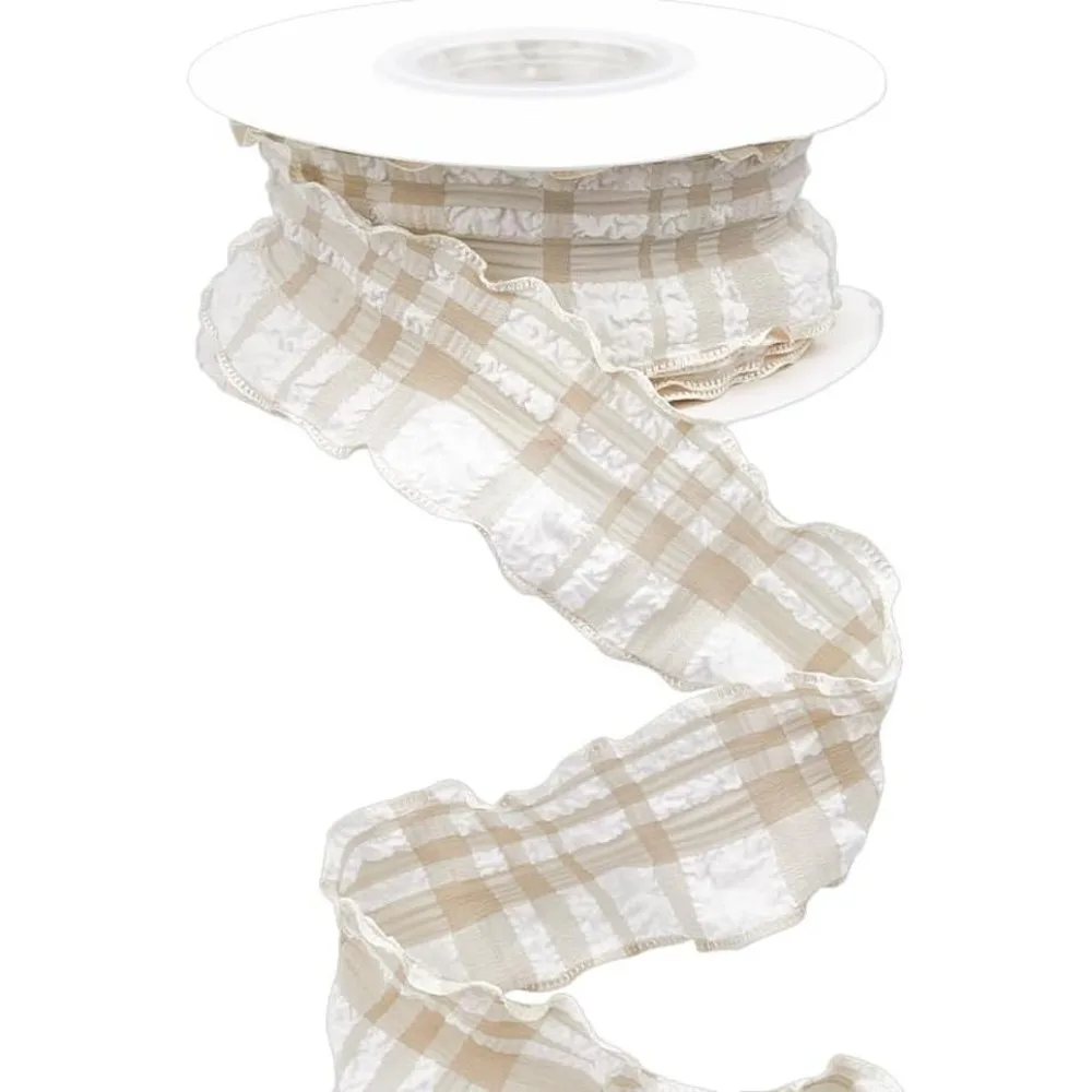 10 Yards 1.5 Inch Beige Plaid Ribbon Checkered Ribbon Tan Gingham Double Chiffon Ruffled Edge Polyester Ribbon with Spool