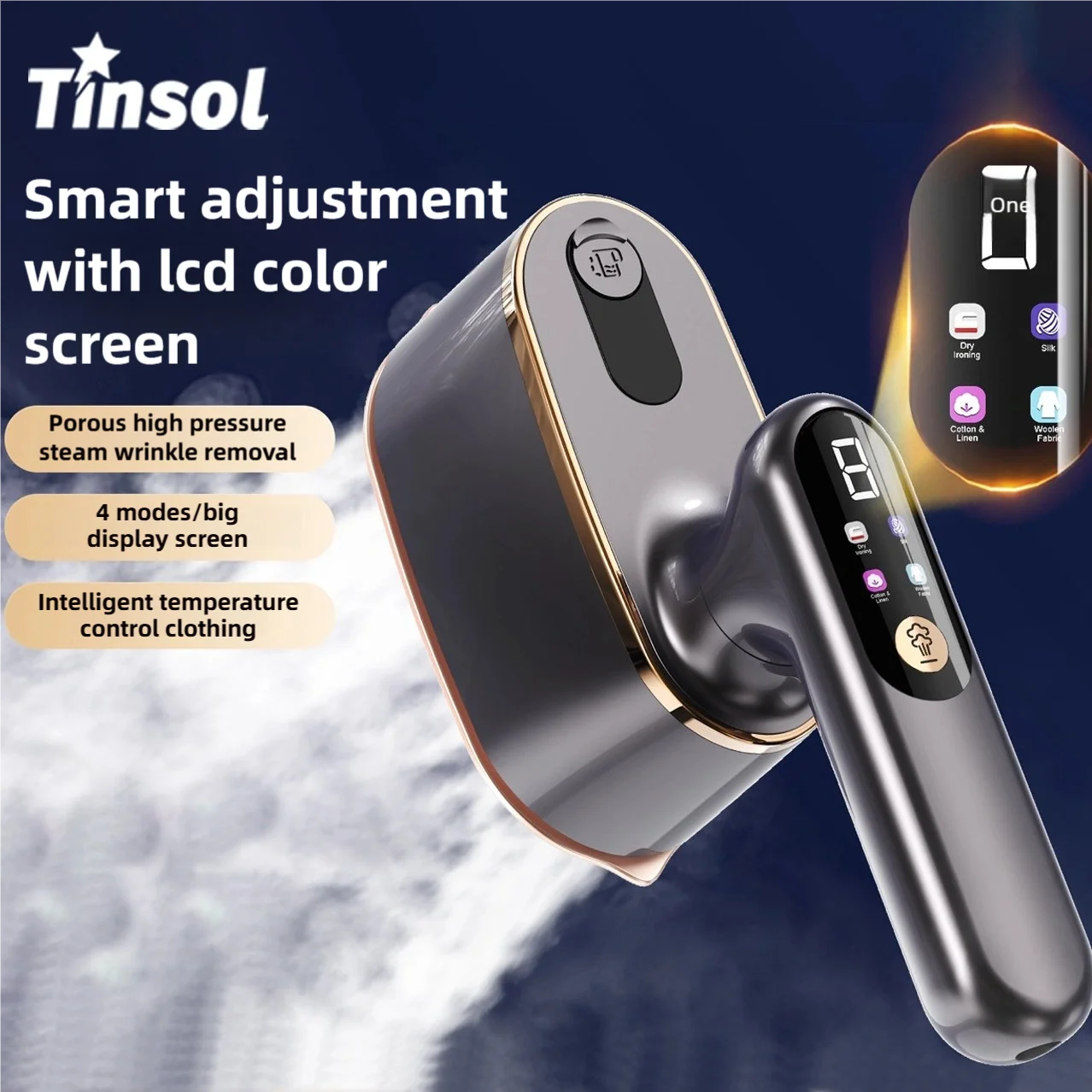 مكواة بخار محمولة بقدرة 1200 وات مع شاشة LCD وأربعة أوضاع بمقبض دوران 180 درجة، ماكينة كي الملابس المحمولة للسفر والسفر