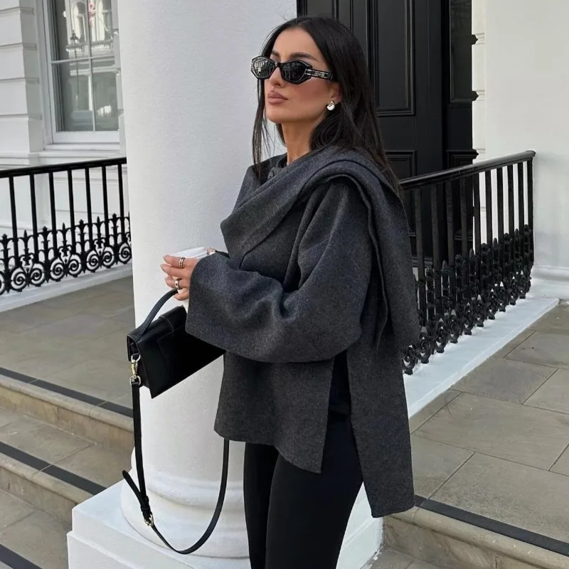 Women 2026 Autumn Winter New Hot Selling Solid Color Asymmetric Scarf Short Knit Coat Outerwear Chic Trendy Fashion Daily Best