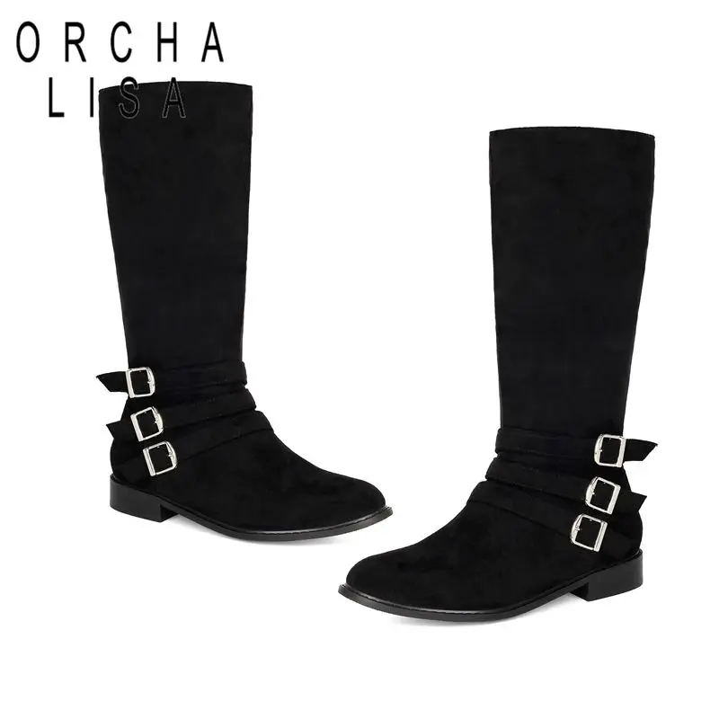 ORCHA LISA  Suede Girls Red Calf Boots Almond Toe 2.5cm Heel Side Zip Harness Buckles Wide Size 42 43 44 All Day Bootie