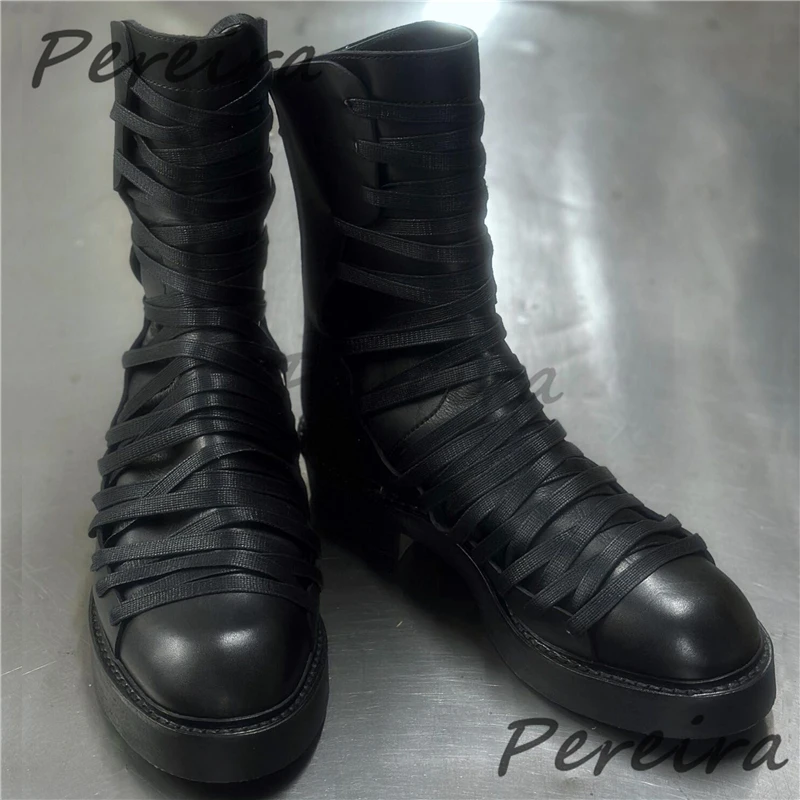 

Мужские ретро-ботинки из черной кожи с перекрестными ремешками, модные универсальные ботинки до середины икры с круглым носком и толстой подошвой, уличная мужская обувь