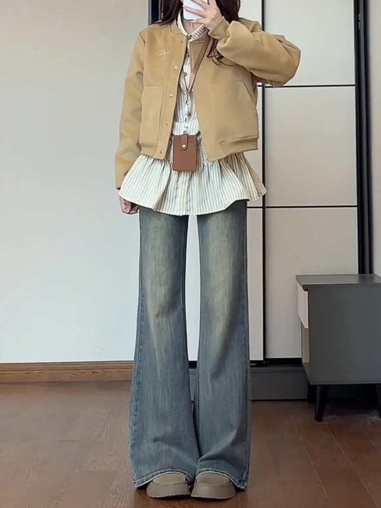 Fce Lined Thiened Micro Flared Jeans Women's Autumn Winter New Large Size Fat MM High Waist Non-Matching Leg Elastic Fla...