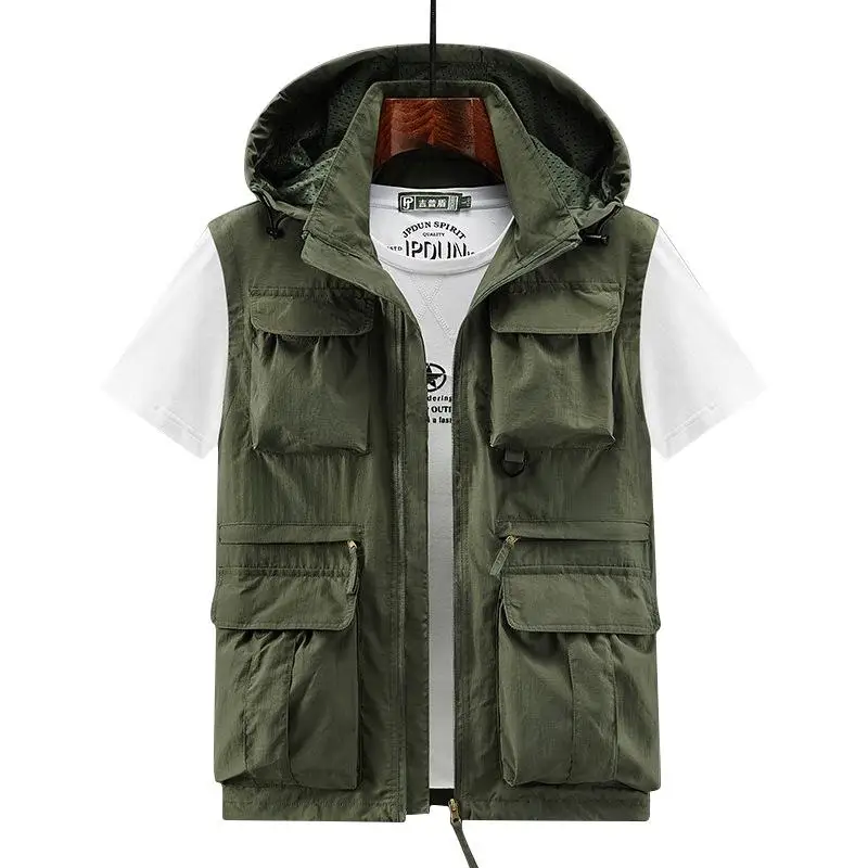 Men Casual Vest Multi Pocket Workwear Hooded Sleeveless Jacket Tactical Fishing Mountaineering Vest Personalized Print Logo 6XL