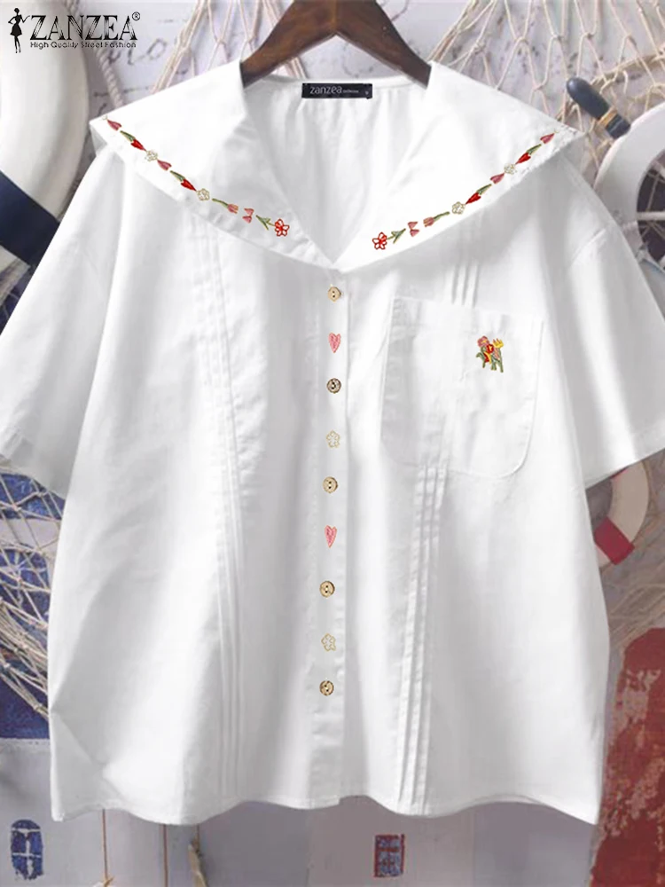 ZANZEA Vrouwen Shirts Bloemen Gedrukt Tops 2025 Bohemian Korte Mouw Sailor Kraag Blusas Losse Casual OL Werk Tuniek Vrouwelijke