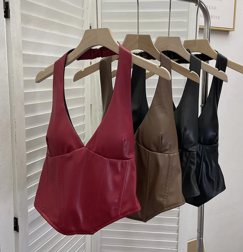 Halter Neck Deep V-neck Pu Leather Crop Top Sexy Chest Pad Sling Vest Short Open-button Fishbone Sleeveless Top