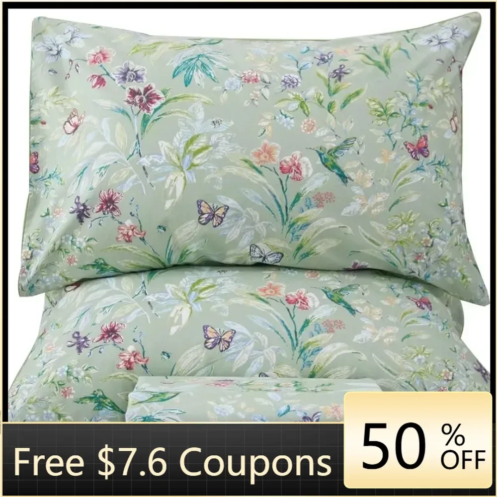 Green Floral Queen Size Sheet Sets Cotton Printed Sheets Queen Size Bed Extra Soft and Breathable freight free