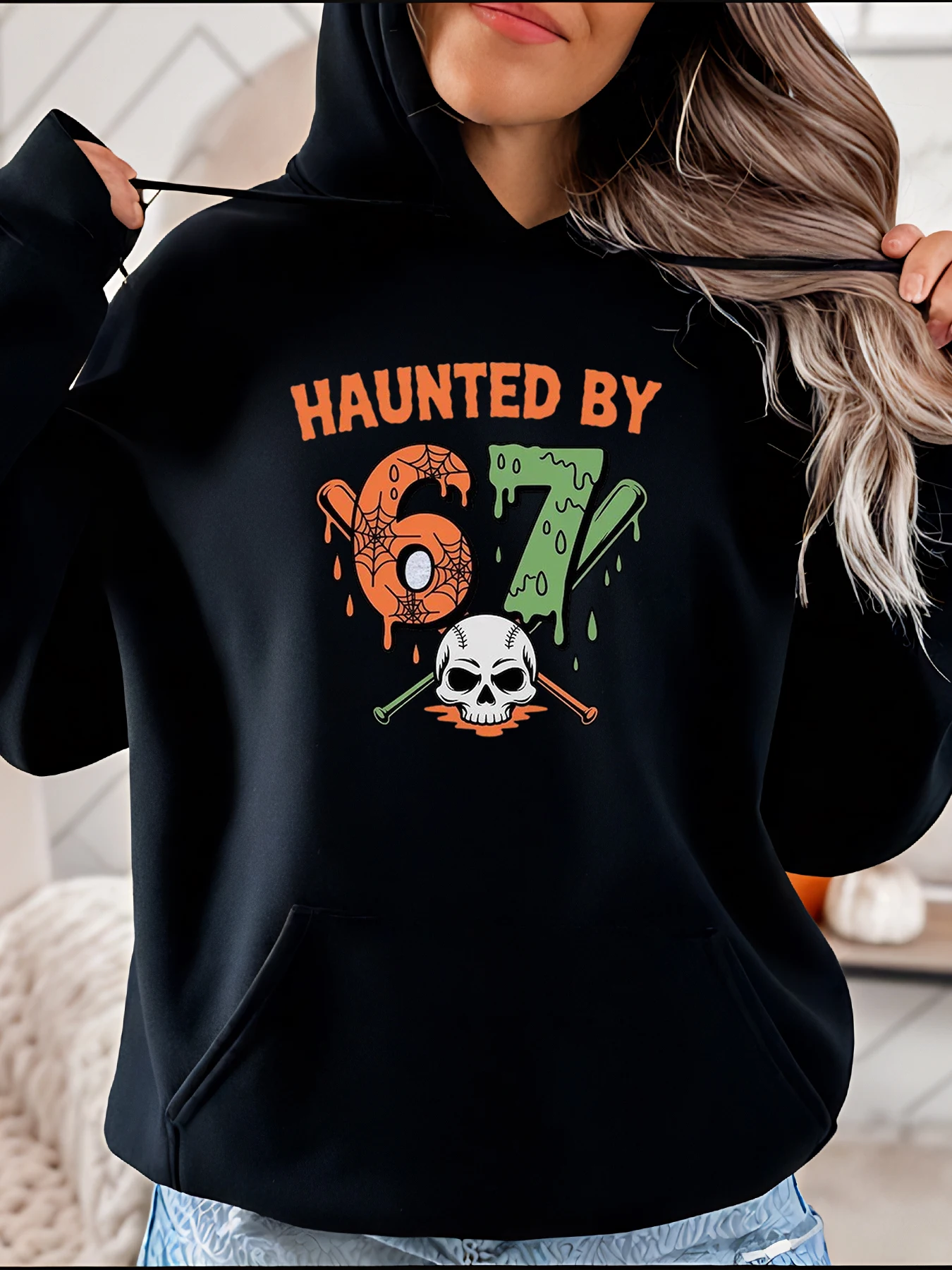 Haunted by 67 Halloween Horror Skull Hoodie Women's Spooky Graphic Sweatshirt for Party Costume Cosplay