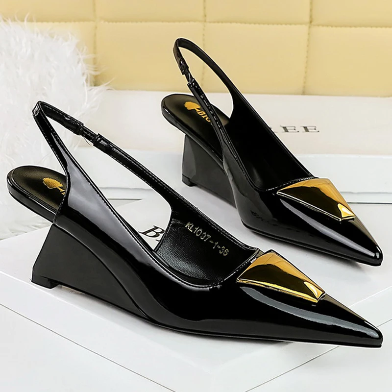 Patent Leather High Heels Wedges Shoes Lady Trendy Pumps Pointed Toe Hollow Back Strap 6.5 Cm Women Sandals White Heels Shoes