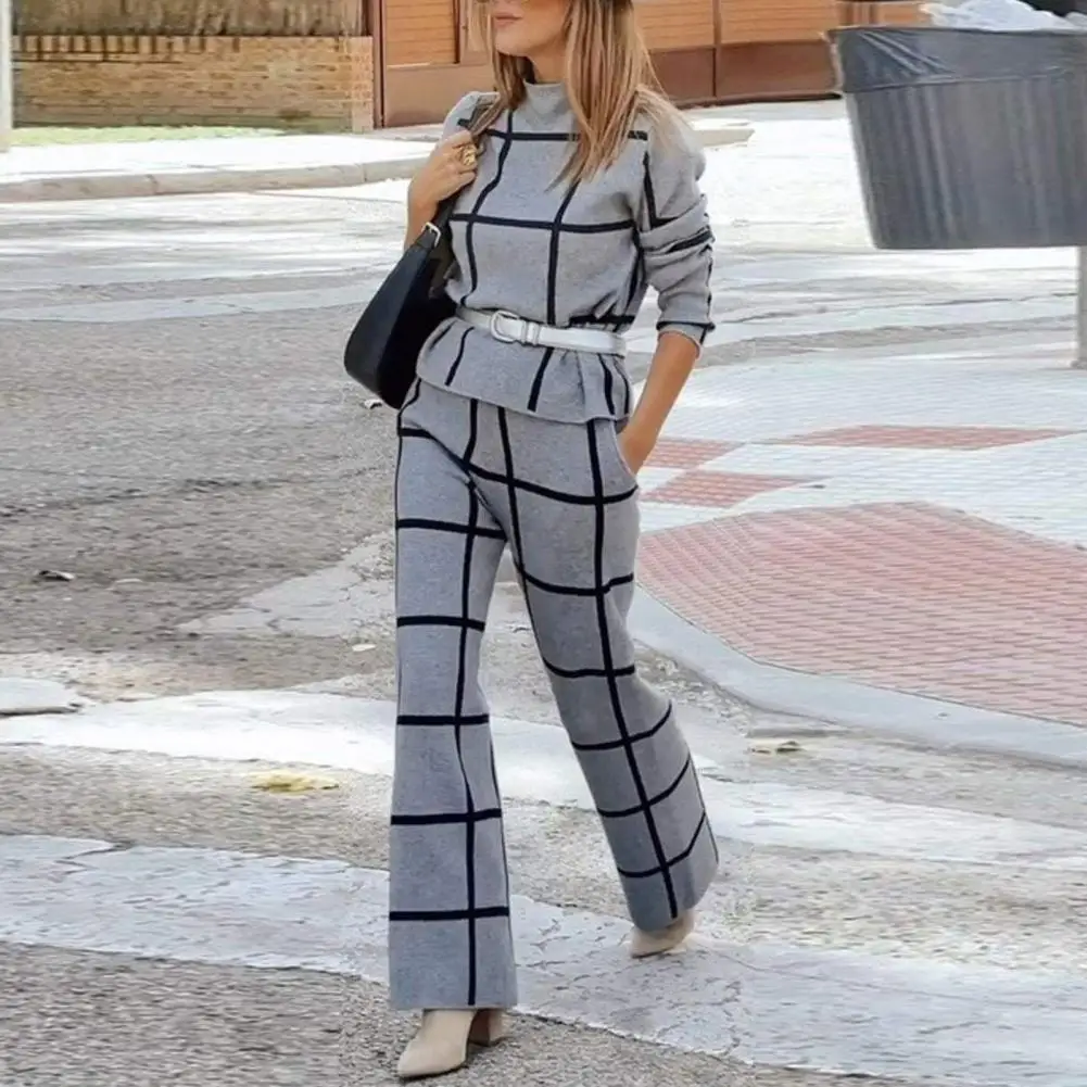 2 pz/set Lady Top Pants Suit stampa scozzese maniche lunghe pendolare Outfit allentato mezzo collo alto camicetta elastico gamba larga pantaloni